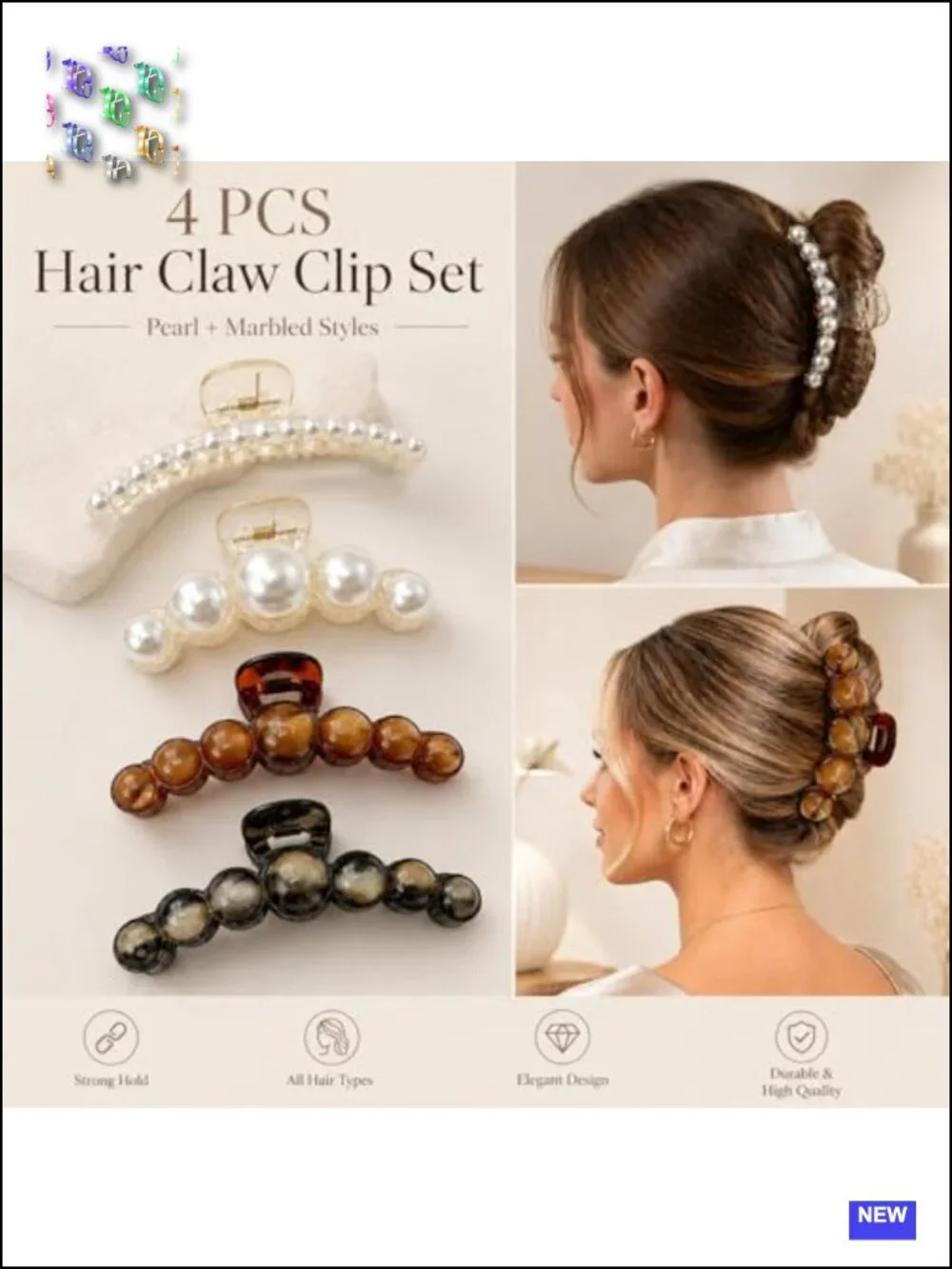 Resin Hair Claw Clips with Faux Pearls – Non Slip Strong Hold for Thick Thin